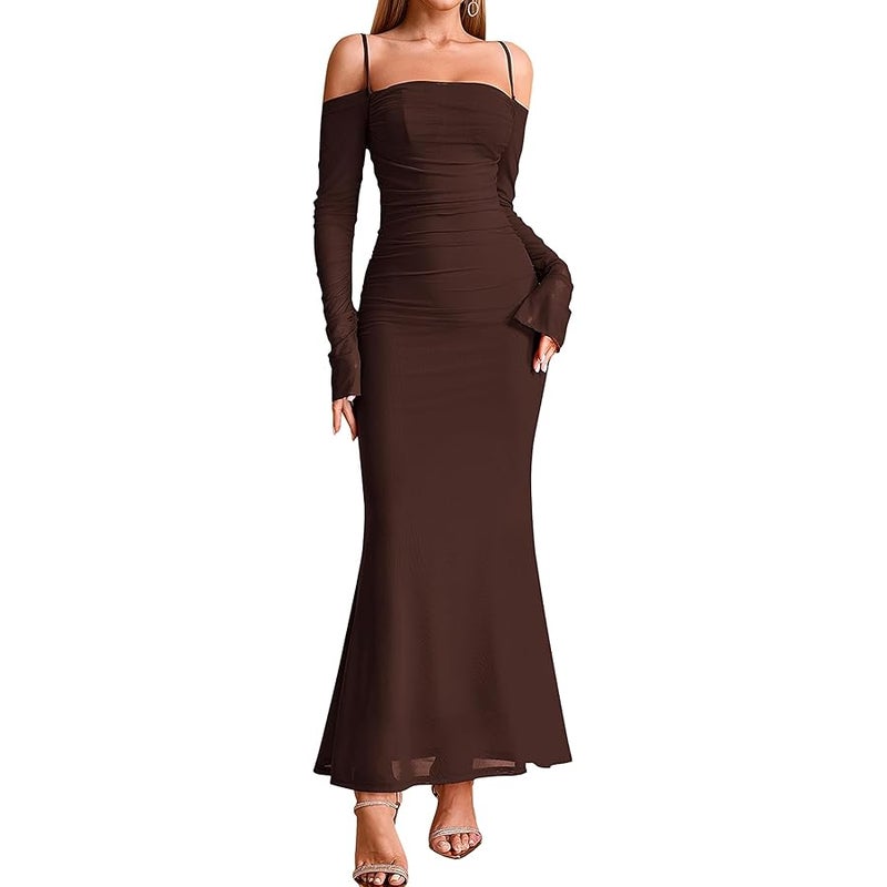 EYNMIN Women's Fall Wedding Guest Dresses Long Sleeve Spaghetti Strap Mesh Ruched Bodycon Maxi Formal Dress - Image 1