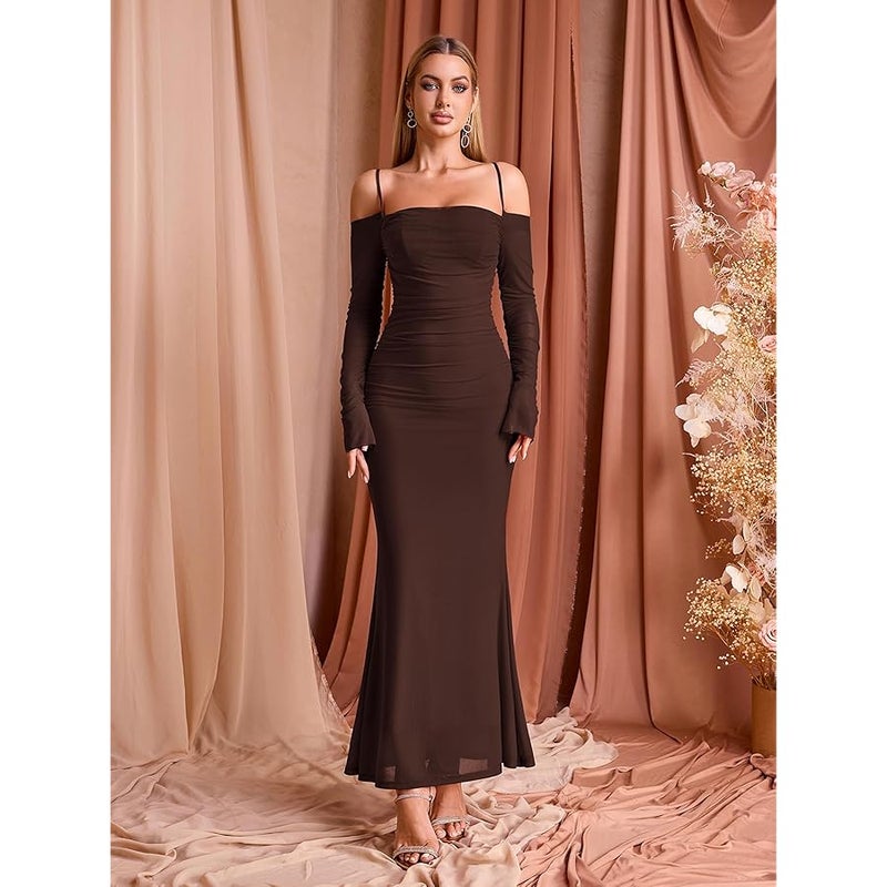 EYNMIN Women's Fall Wedding Guest Dresses Long Sleeve Spaghetti Strap Mesh Ruched Bodycon Maxi Formal Dress - Image 3