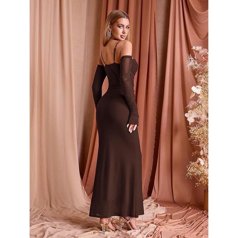 EYNMIN Women's Fall Wedding Guest Dresses Long Sleeve Spaghetti Strap Mesh Ruched Bodycon Maxi Formal Dress - Image 4
