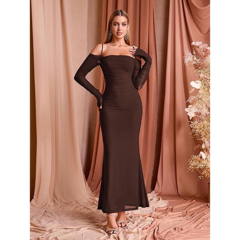 EYNMIN Women's Fall Wedding Guest Dresses Long Sleeve Spaghetti Strap Mesh Ruched Bodycon Maxi Formal Dress - Image 2