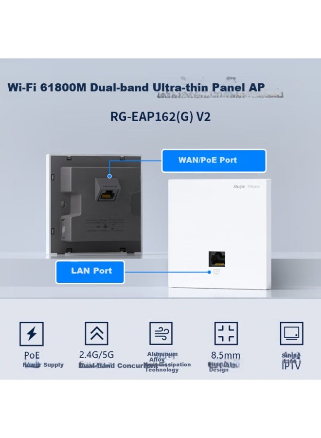 Ruijie راجي واي فاي 6 نقطة وصول لاسلكية بانل RG-EAP162(G)V2، ثنائية النطاق بسرعة 1800 ميجابت، جهاز توجيه واي فاي من الدرجة التجارية للمنازل الكبيرة والفيلات، للاستخدام في الفنادق، نموذج فائق النحافة 86 - Image 1