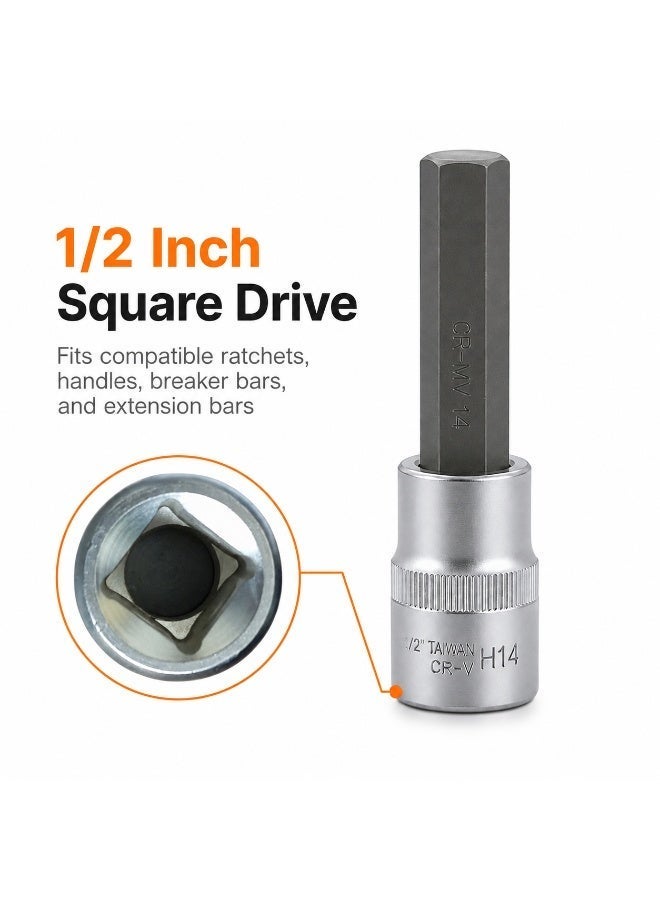 H14 Hex Bit Socket 1/2 Inch Drive, 4 Inch Long Chrome Vanadium Steel Allen Socket Tool for Ratchet, Car Repair, Workshop & DIY Maintenance - Image 2