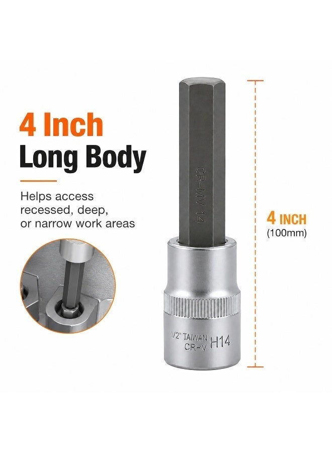 H14 Hex Bit Socket 1/2 Inch Drive, 4 Inch Long Chrome Vanadium Steel Allen Socket Tool for Ratchet, Car Repair, Workshop & DIY Maintenance - Image 4