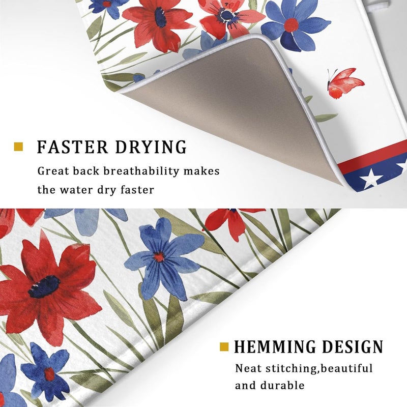 Giwawa 4th of July Flower Dish Drying Mat 18"x24" Independence Day Stars Dish Drainer Mats Watercolor Patriotic Floral Microfiber Dish Drying Rack Pad for Kitchen Countertop Large Decor - Image 3