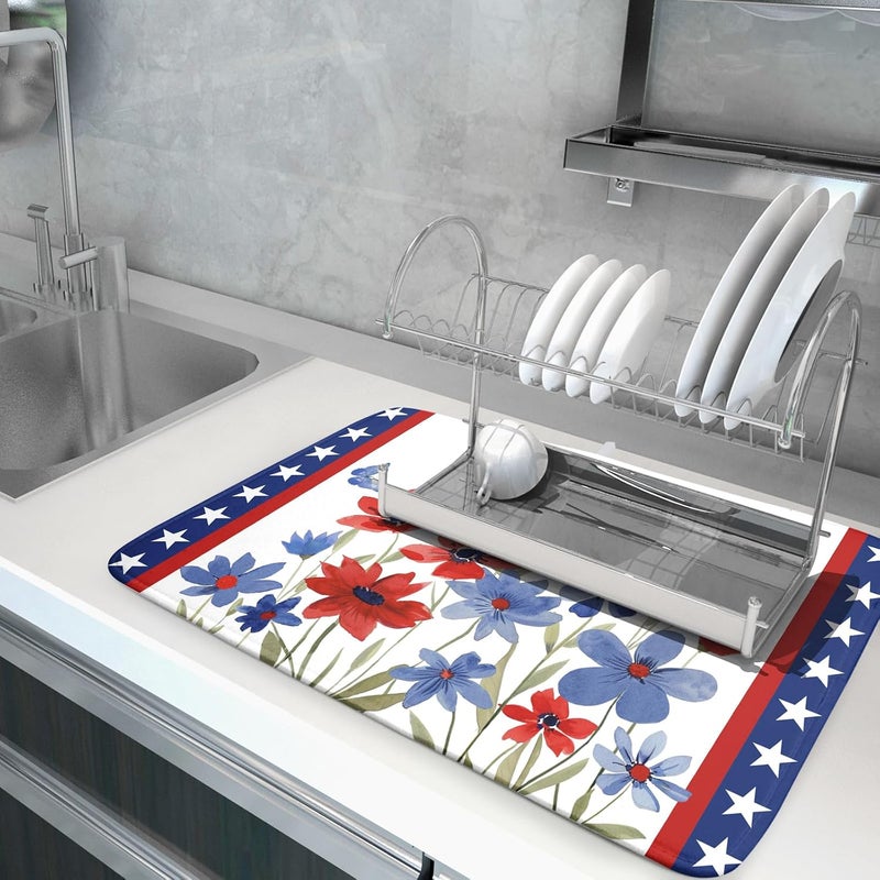 Giwawa 4th of July Flower Dish Drying Mat 18"x24" Independence Day Stars Dish Drainer Mats Watercolor Patriotic Floral Microfiber Dish Drying Rack Pad for Kitchen Countertop Large Decor - Image 5