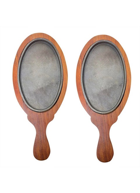 Bridge2shopping Oval Sizzler Plate with Wooden Base and Handle, Brown, Set of 2