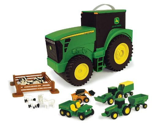 John Deere TOMY John Deere Tractor Toys  Value Set and Carrying Case  Portable TractorShaped Carrying Case with 10 Compartments  Farm Toys  18 Count  3 Years and Up - Image 1