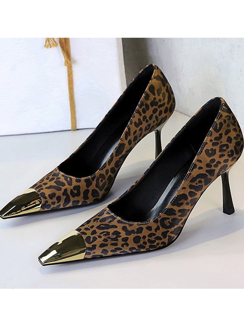 BIGTREE Women's Elegant Metal Closed Pointed Toe High Heels Party Stiletto Pumps  Leopard Print 8CM