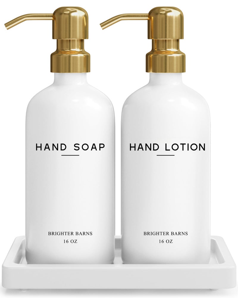 Luxury Glass Soap and Lotion Dispenser Set with Tray by Brighter Barns Hand Soap Dispenser Bathroom Set Stainless Steel Pump for Home or Airbnb White and Gold Bathroom Accessories Decor Gold