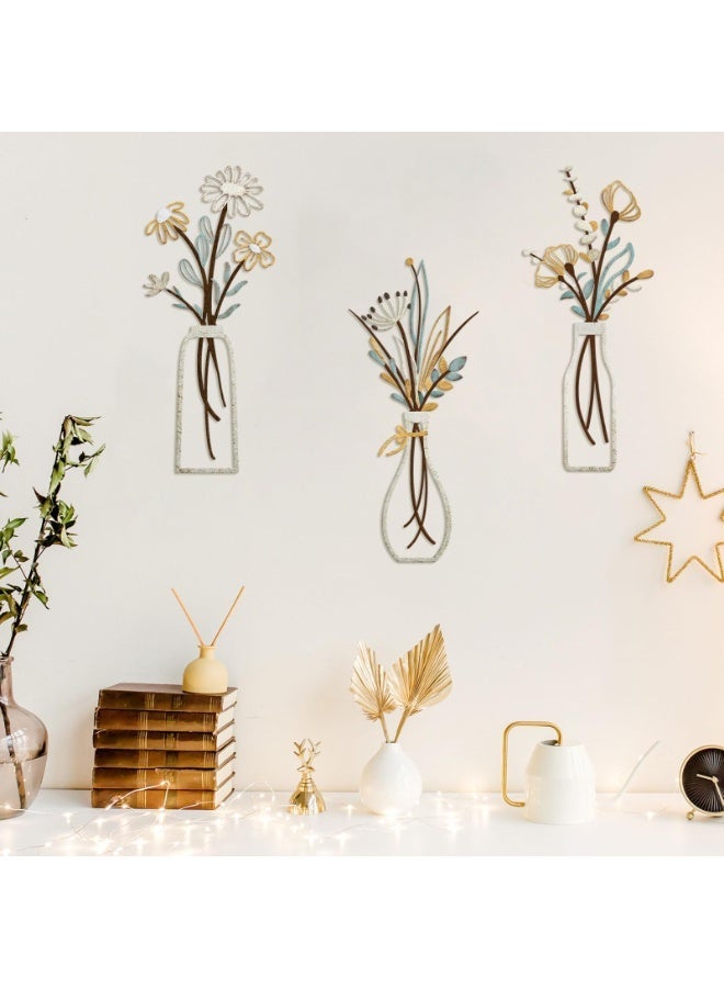 HOMESTAR 3PCS Metal Flower Wall Decor, Vase Wall Hanging Decor, Rustic Farmhouse Decor Minimalist Flower Wall Decor, For Living Room, Bathroom, Bedroom, Dining Room, Housewarming Gift, Beige, 6x13.7inch - Image 2