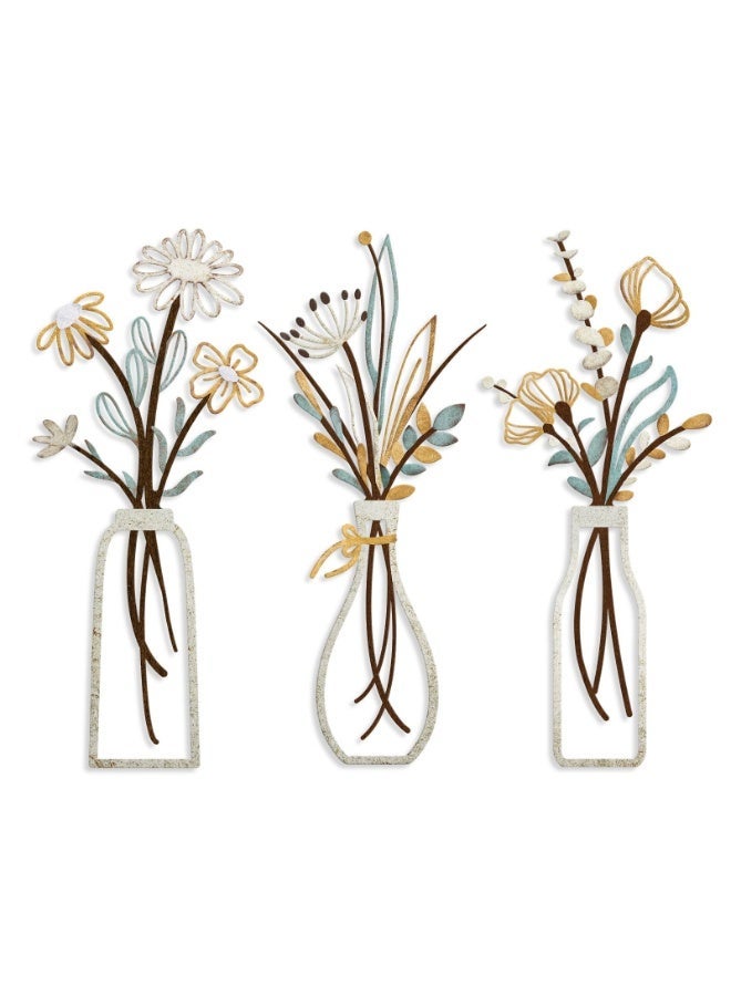 HOMESTAR 3PCS Metal Flower Wall Decor, Vase Wall Hanging Decor, Rustic Farmhouse Decor Minimalist Flower Wall Decor, For Living Room, Bathroom, Bedroom, Dining Room, Housewarming Gift, Beige, 6x13.7inch - Image 1