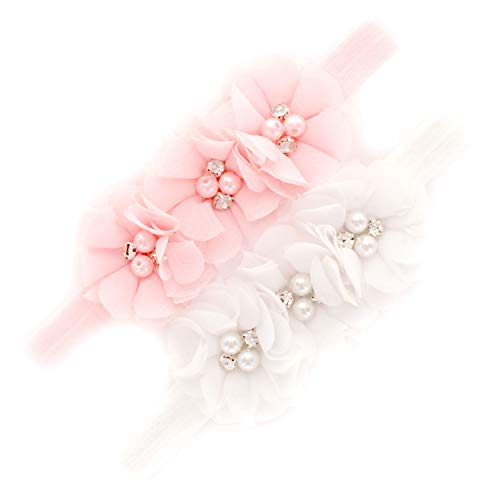 My Lello Baby Flower Headbands Fabric Beaded Trio Stretchy Elastic Pair (Light Pink/White) - Image 1