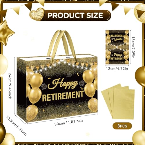 GOLDCROW Retirement Gift Bag with Tissue Paper Set Large Black Gold Happy Retirement Wrapping Gift Bag and Greeting Card for Men Women Office Coworker Farewell Going Away Party Favors Wrap Bags Supplies - Image 2