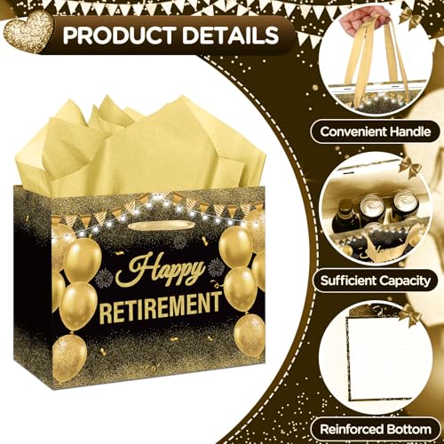 GOLDCROW Retirement Gift Bag with Tissue Paper Set Large Black Gold Happy Retirement Wrapping Gift Bag and Greeting Card for Men Women Office Coworker Farewell Going Away Party Favors Wrap Bags Supplies - Image 3