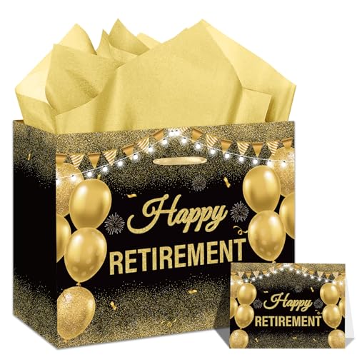 GOLDCROW Retirement Gift Bag with Tissue Paper Set Large Black Gold Happy Retirement Wrapping Gift Bag and Greeting Card for Men Women Office Coworker Farewell Going Away Party Favors Wrap Bags Supplies - Image 1