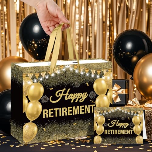 GOLDCROW Retirement Gift Bag with Tissue Paper Set Large Black Gold Happy Retirement Wrapping Gift Bag and Greeting Card for Men Women Office Coworker Farewell Going Away Party Favors Wrap Bags Supplies - Image 4