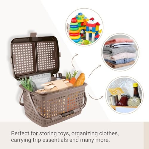 FLAIR Dual Compartment Storage Basket – Sturdy Plastic Organizer with Handles & Lid | Plastic Multipurpose Trendy Shopping Big Basket | Ideal for Kitchen, Bathroom (Grey, 1 Pc) - Image 3