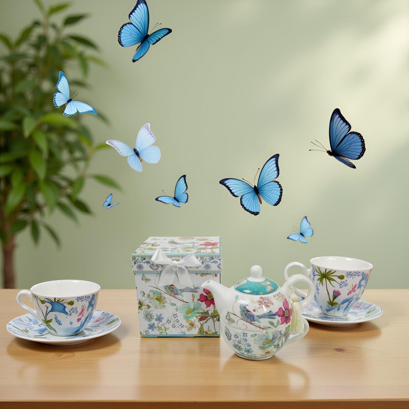 Lightahead Bone China Tea for One Set in Blue Bird Design, in attractive Reusable Handmade Gift Box (With Ribbon), Blue - Image 2