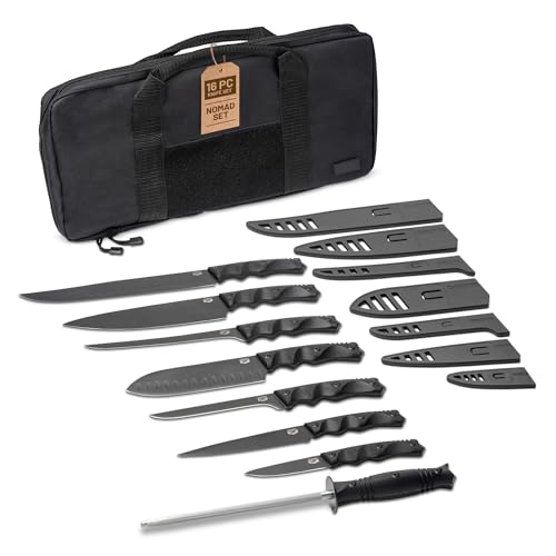 DFACKTO 16PC Tactical Chef Knife Set  High Carbon Stainless Steel Kitchen Cutlery wFull Tang G10 Handles Protective Sheaths  Travel Case  Professional Cutlery for Cooking  Camping  Black Bag