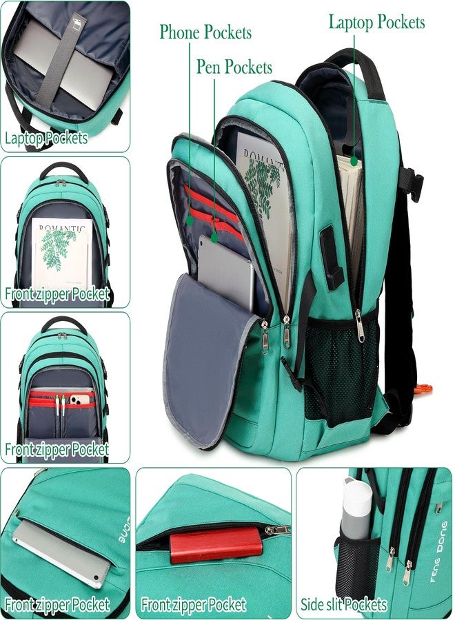 FENGDONG 17.3 inch Large Laptop Backpack Durable Waterproof Travel College Backpack Bookbag for Men & Women Business Backpack with USB Charging Port,Headset Port Light Green - Image 3