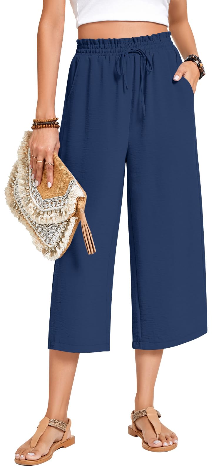 Anyhold Womens Capri Pants Loose High Waisted Wide Leg Lounge Pants Drawstring Casual Palazzo Trousers with Pockets Medium, Navy - Image 3