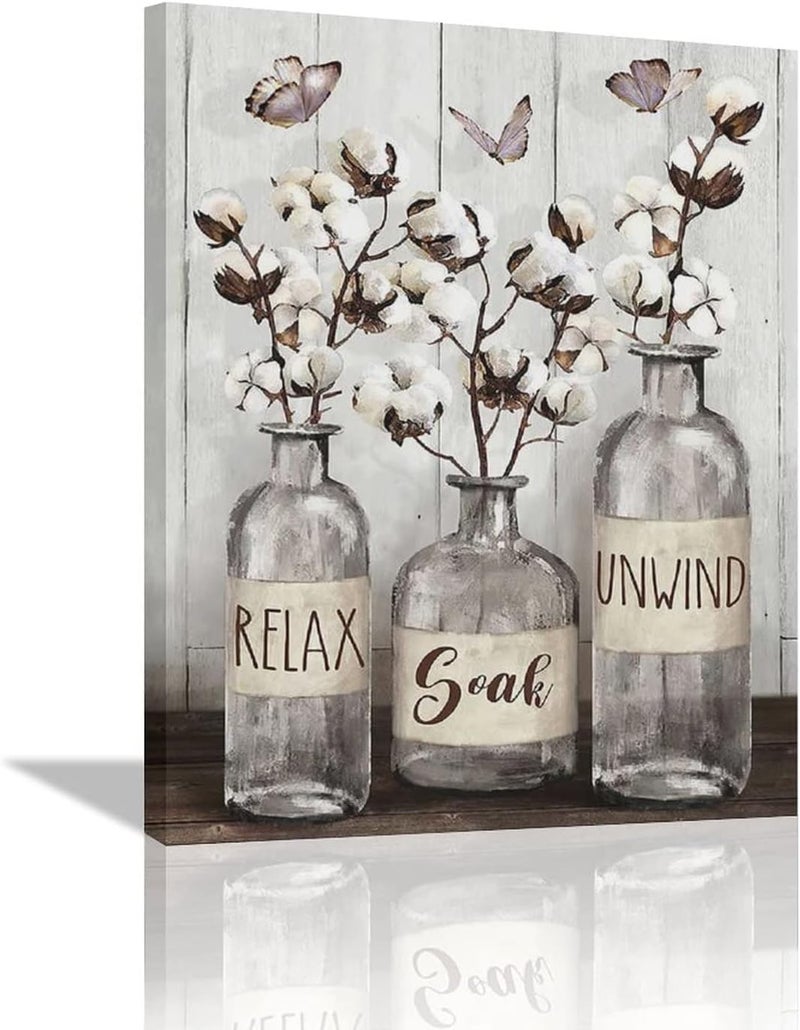 remzoke Farmhouse Bathroom Wall Art with Cotton Flowers and Butterflies - Image 1