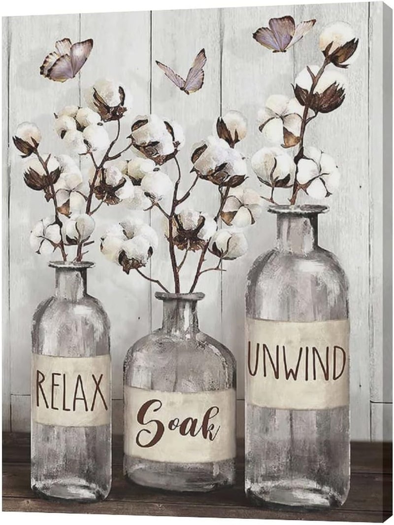 remzoke Farmhouse Bathroom Wall Art with Cotton Flowers and Butterflies - Image 2