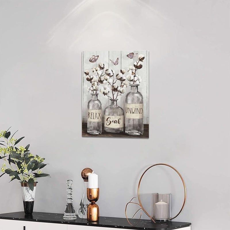 remzoke Farmhouse Bathroom Wall Art with Cotton Flowers and Butterflies - Image 3