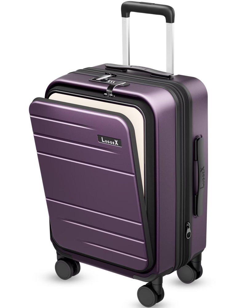 LUGGEX Carry On Luggage 22x14x9 Airline Approved, FLO5 Expandable Polycarbonate Suitcase with Front Pocket (FX-Core, Purple, 20 Inch) - Image 1