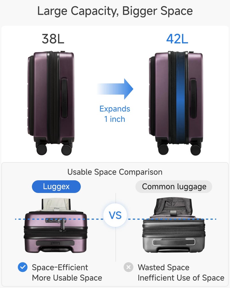LUGGEX Carry On Luggage 22x14x9 Airline Approved, FLO5 Expandable Polycarbonate Suitcase with Front Pocket (FX-Core, Purple, 20 Inch) - Image 4