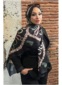 بوردان ابيك حجاب ذو تصميم سلسلة فاخر باللون الأسود والأخضر – مزيج حرير فاخر، نعومة وأناقة | صناعة تركية فاخرة  - Image 3