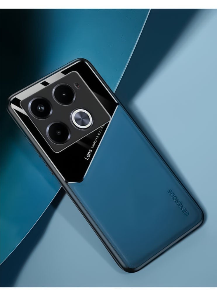 Case Compatible With Infinix Note 40 Pro 5G/Note 40 Pro Plus 5G Cover Luxury Leather And Glass With Car Magnetic Holder Phone Cover Soft Frame Silicone - Blue