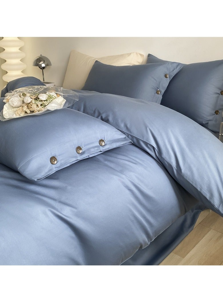 AROAQ Bed Cover Set, Soft Luxurious Pure Bedsheet Set, Long-staple Cotton Simple Solid Color Bed Sheet Quilt Cover Bedding Twill Cotton Set, ( blue, 1.5m fitted sheet set of four)  - Image 1