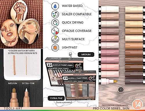 TOOLI-ART 22 Acrylic Paint Markers Paint Pens Pro Color Series Set 3mm Medium Tip for Rock Painting, Glass, Mugs, Wood, Metal, Glass Paint, Canvas, DIY. Non Toxic, Waterbased, Quick Drying (SKIN) - Image 5