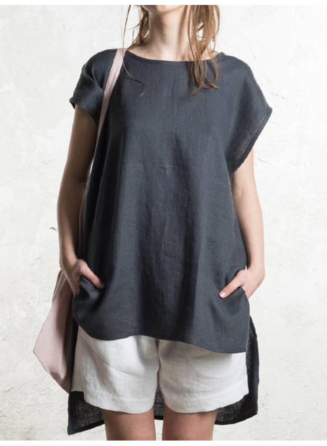 Song Feng Ya Women's Cotton And Linen Top Round Neck Front Short Back Long Short Sleeve Top 