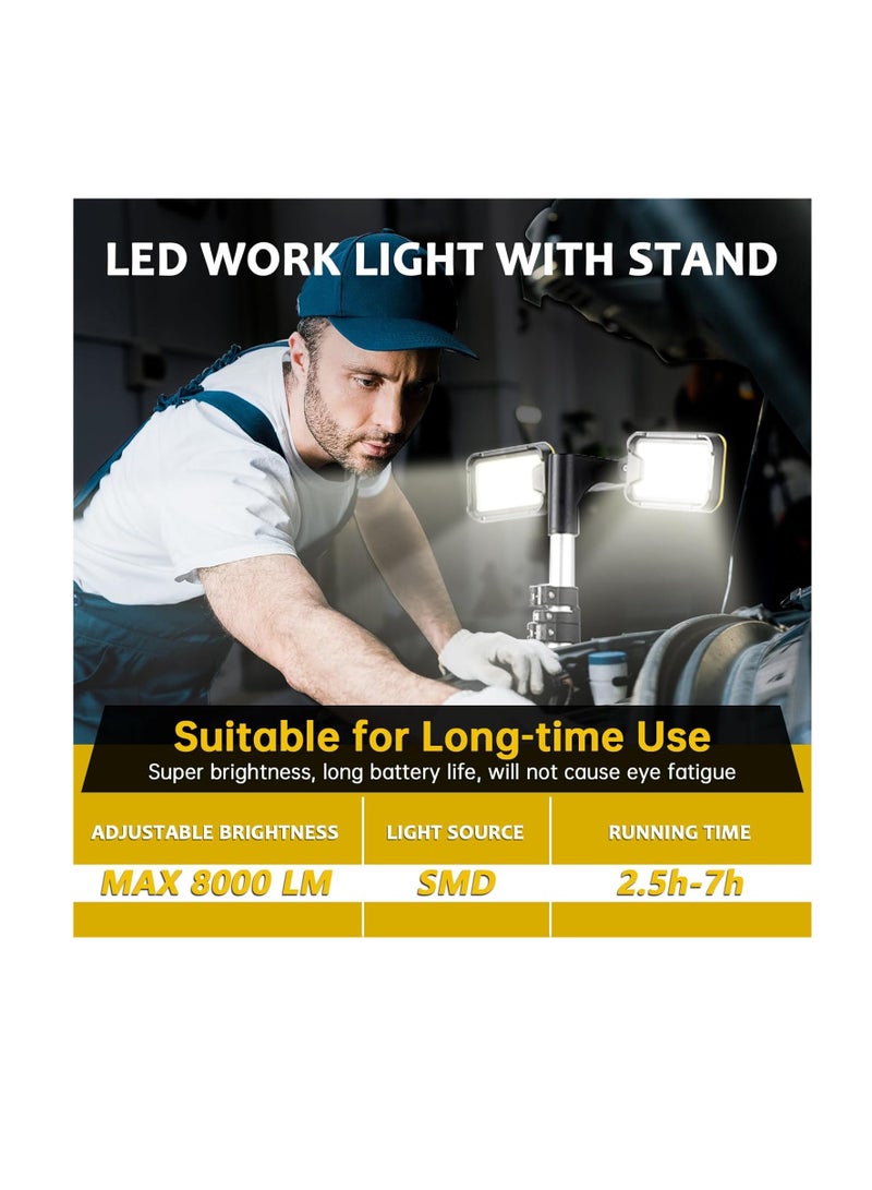 8000 Lumen Rechargeable LED Work Light with Adjustable Tripod Stand | Portable Cordless Floodlight with 2 Powerful 180°/270° Rotating LED Lamps, 4400mAh Battery, USB-C Fast Charging, IP44 Waterproof Outdoor Indoor Job Site Workshop Garage Lighting - Image 2