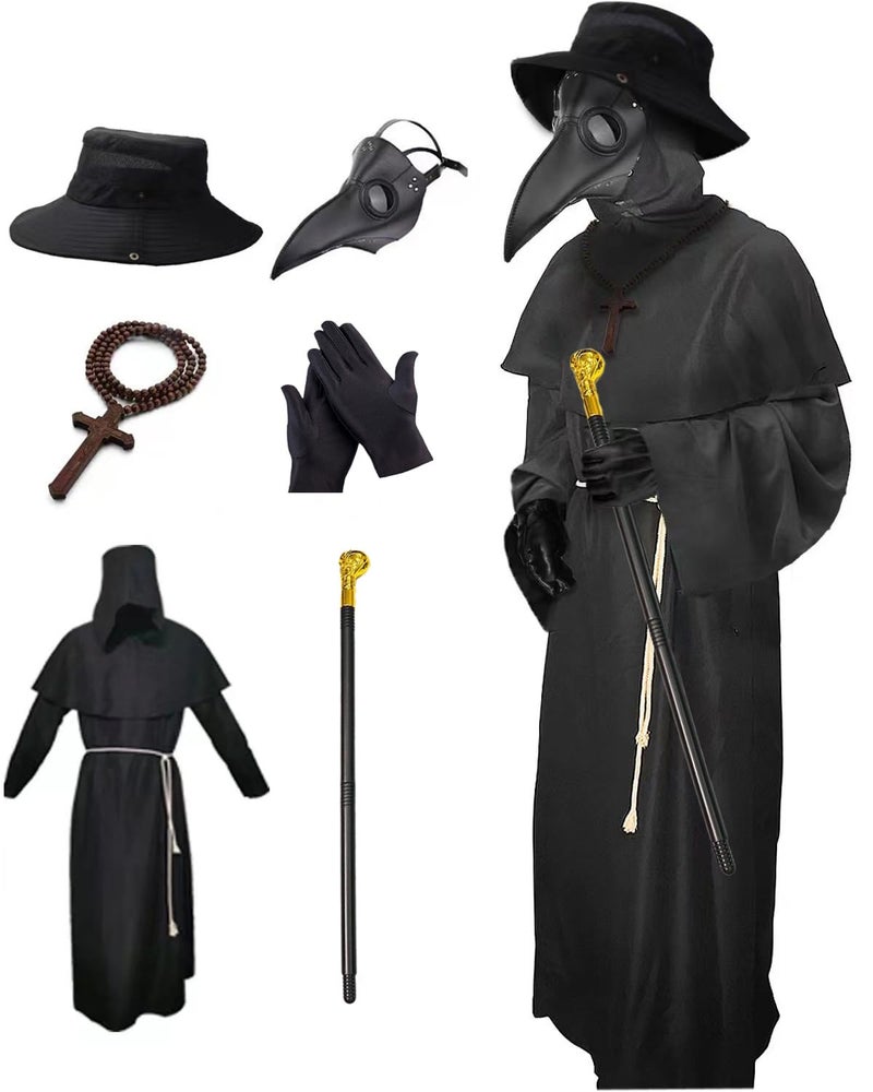 Nicexx womens Plague Doctor Mask Costumes Sets 6 in 1 Halloween Beak Dr s Outfit Dark Black Large