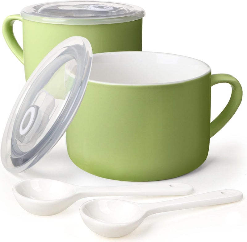 Wareland Soup Bowls with Handles  Spoons 30oz Ceramic Ramen Bowl with Lid Large Soup MugsCups for Instant Noodle Big Cereal Bowls for Oatmeal Soup Containers with Lids Set of 2 Grass Green - Image 1