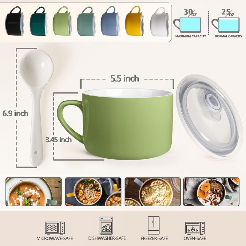 Wareland Soup Bowls with Handles  Spoons 30oz Ceramic Ramen Bowl with Lid Large Soup MugsCups for Instant Noodle Big Cereal Bowls for Oatmeal Soup Containers with Lids Set of 2 Grass Green - Image 2
