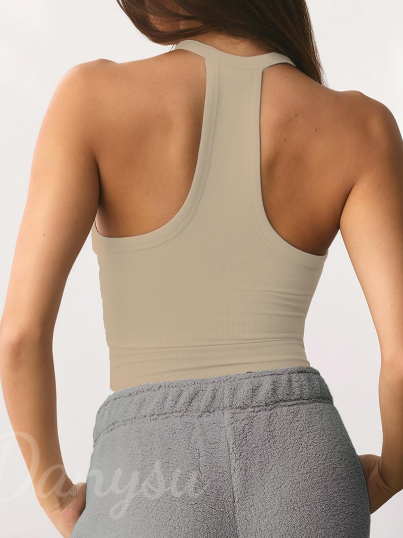 Danysu V Neck Racerback Built-in Bra Tank Tops for Women Trendy Cotton Ribbed Basic Halter Top Beige S - Image 2