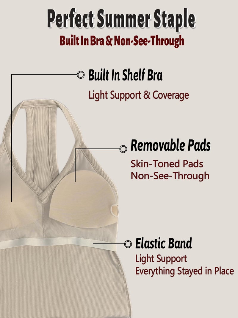 Danysu V Neck Racerback Built-in Bra Tank Tops for Women Trendy Cotton Ribbed Basic Halter Top Beige S - Image 4
