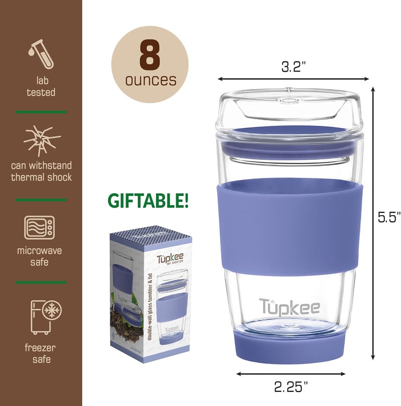 Tupkee كوب زجاجي مزدوج الجدار - 8 أونصات، كوب شاي/قهوة معزول قابل لإعادة الاستخدام بالكامل من الزجاج مع غطاء، كوب سفر زجاجي منفوخ يدويًا - جاكاراندا - Image 5
