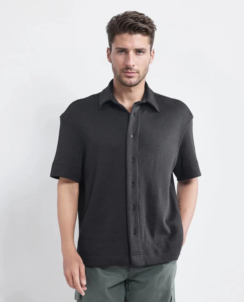 Rare Rabbit Rare Rabbit Men Kash Black Viscose Fabric Half Sleeve Collared Neck Button Closure Oversized Fit Plain Shirt