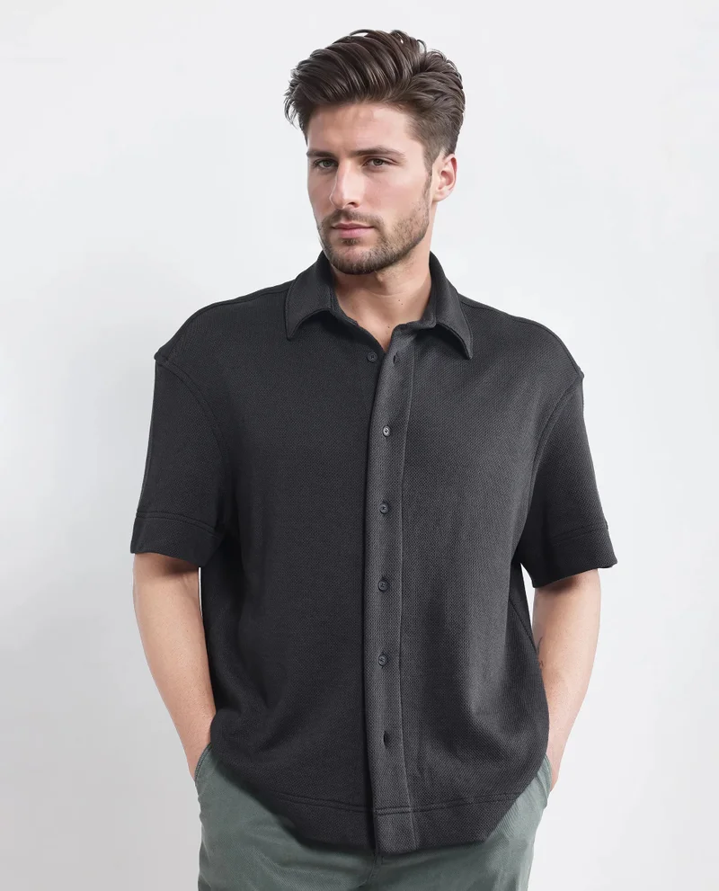 Rare Rabbit Rare Rabbit Men Kash Black Viscose Fabric Half Sleeve Collared Neck Button Closure Oversized Fit Plain Shirt