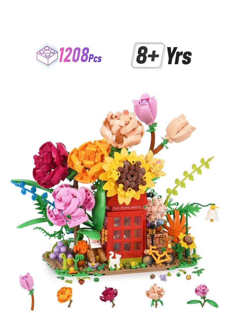 Rose Flower Bouquet Building Set Flower Bouquet Building Blocks with Telephone Booth Bike Cute Animal Colorful and Beautiful Decoration Gift for Lover Friend Decor for Home 1208 PCS - Image 1