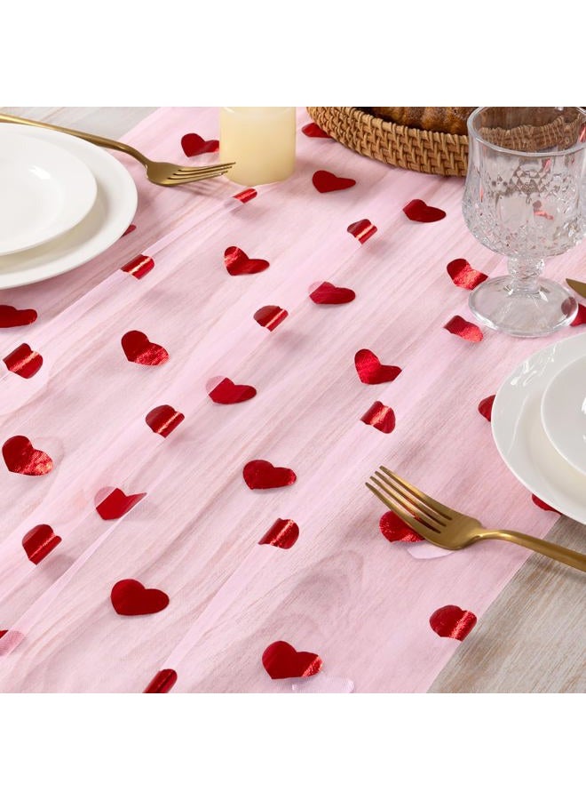 MLMC Pink Heart Gauze Table Runner Glitter Valentine's Day Table Runner 120 Inch 10 FT Sheer Metallic Foil Seasonal Centerpiece for Wedding Anniversary Home Party Table Decor - Image 5