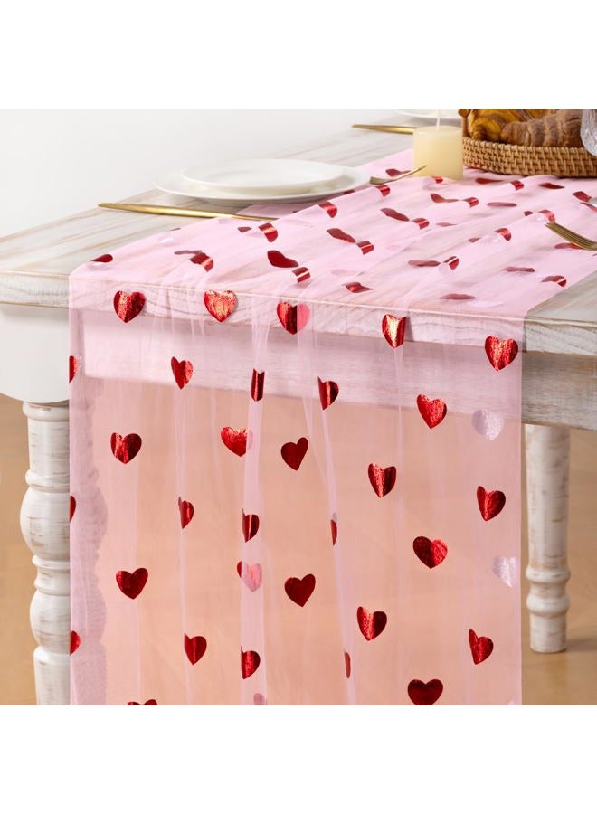 MLMC Pink Heart Gauze Table Runner Glitter Valentine's Day Table Runner 120 Inch 10 FT Sheer Metallic Foil Seasonal Centerpiece for Wedding Anniversary Home Party Table Decor - Image 1