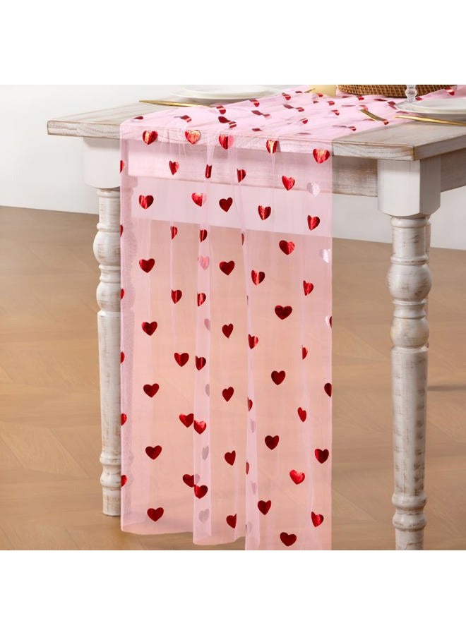 MLMC Pink Heart Gauze Table Runner Glitter Valentine's Day Table Runner 120 Inch 10 FT Sheer Metallic Foil Seasonal Centerpiece for Wedding Anniversary Home Party Table Decor - Image 4