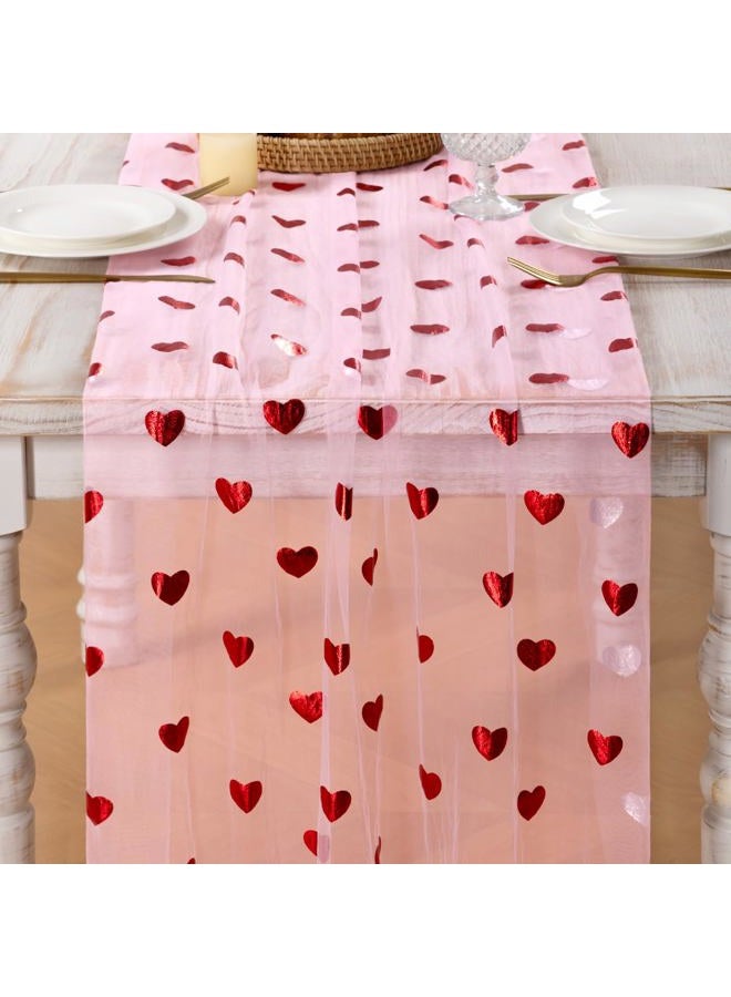 MLMC Pink Heart Gauze Table Runner Glitter Valentine's Day Table Runner 120 Inch 10 FT Sheer Metallic Foil Seasonal Centerpiece for Wedding Anniversary Home Party Table Decor - Image 3