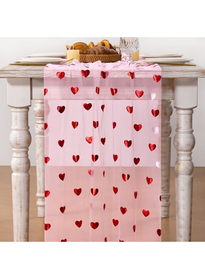 MLMC Pink Heart Gauze Table Runner Glitter Valentine's Day Table Runner 120 Inch 10 FT Sheer Metallic Foil Seasonal Centerpiece for Wedding Anniversary Home Party Table Decor - Image 2